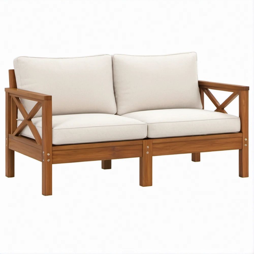 2-Sitzer-Sofa aus Akazien-Massivholz in Naturbraun und Cremeweiss, 130 x 70 x 80 cm