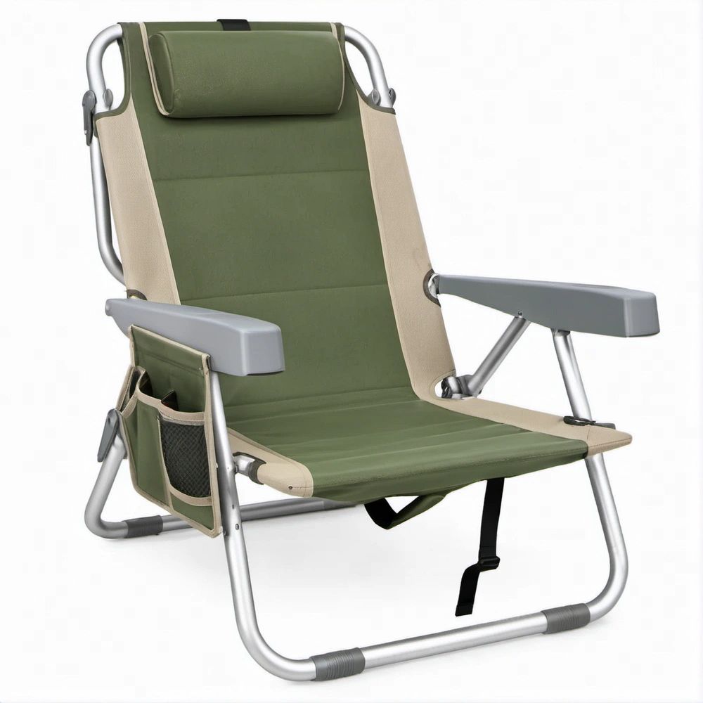 Klappbarer Campingstuhl mit verstellbarer Rückenlehne, Kopfpolster und Seitentasche, Olivgrün/Beige, 60 x 78 x 92 cm