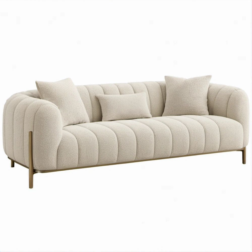 3-Sitzer-Sofa aus Creme-Bouclé, 230 x 90 x 75 cm, mit goldfarbenen Stahlbeinen