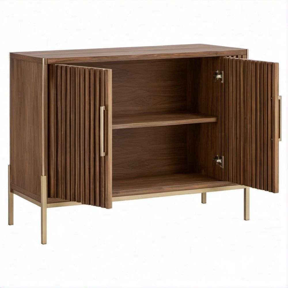 Rechteckiges Sideboard aus Nussbaumfurnier mit 2 Türen, 90 × 45 × 90 cm, Nussbraun/Messingfarben