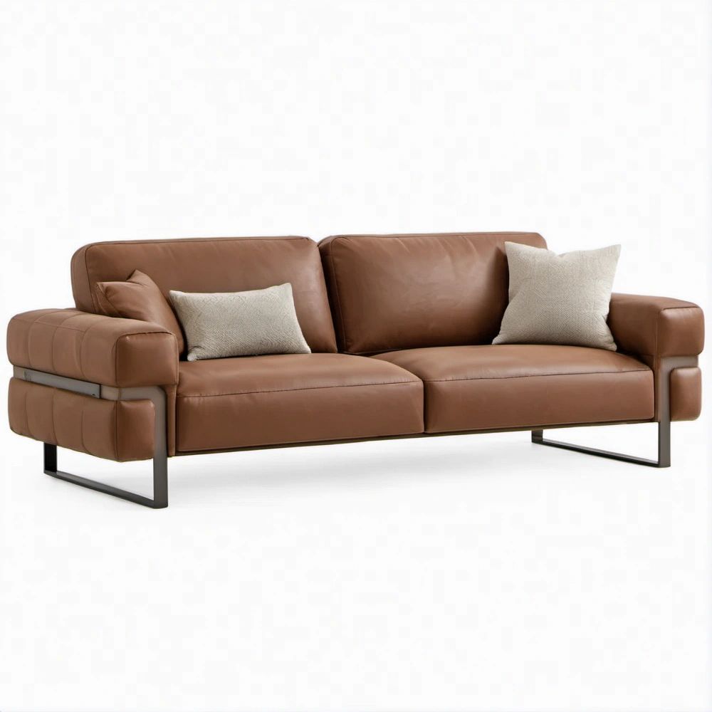 2-Sitzer-Sofa aus cognacbraunem PU-Kunstleder mit schwarzem Stahlgestell, 190 x 88 x 85 cm