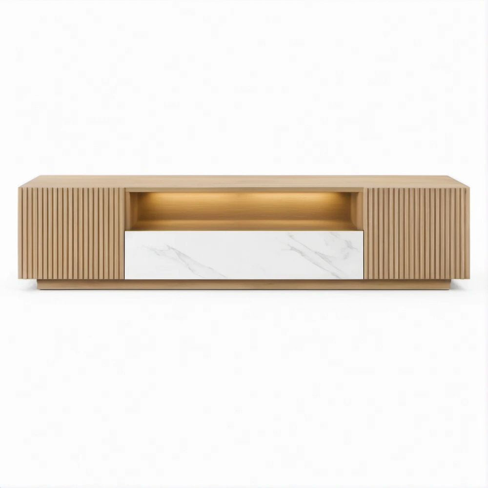 TV-Lowboard aus Natur-Eiche mit weisser Marmoroptik, 180 x 40 x 45 cm