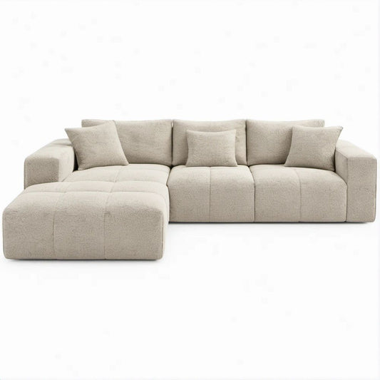 Ecksofa mit linker Ottomane aus Bouclé-Polyester, Cremeweiss, 300 x 170 x 75 cm
