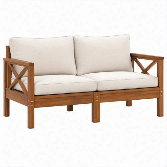 2-Sitzer-Sofa aus Akazien-Massivholz in Naturbraun und Cremeweiss, 130 x 70 x 80 cm