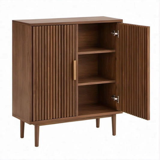Sideboard mit 2 geriffelten Türen in Walnussoptik, 80 x 40 x 120 cm