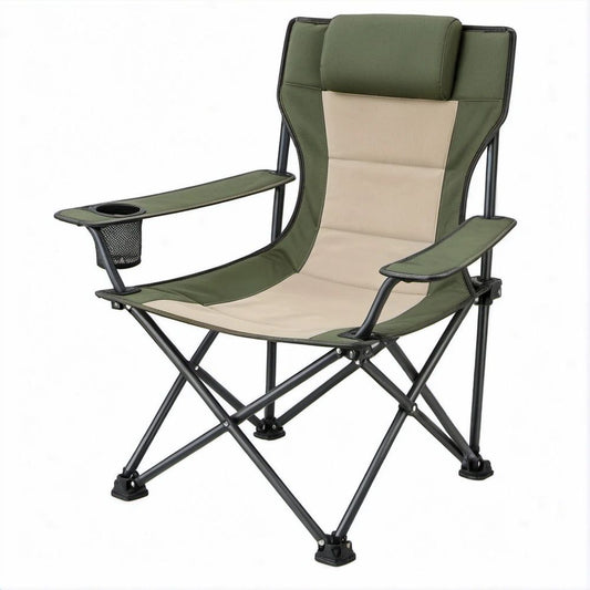 Klappbarer Campingstuhl mit hoher Rückenlehne, Kopfpolster und Getränkehalter, Olivgrün/Beige/Schwarz, 60 x 90 x 110 cm