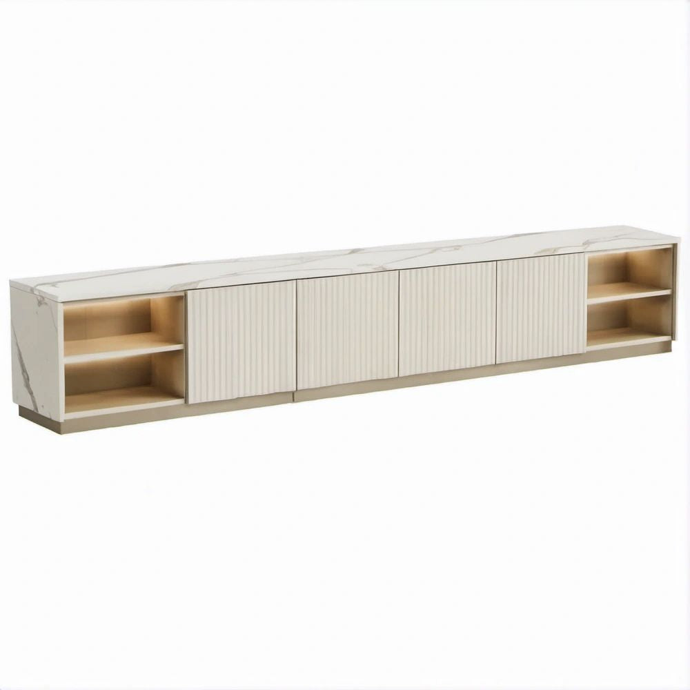 TV-Lowboard 240 x 40 x 45 cm in Weiss, Beige und Gold mit Marmordekor