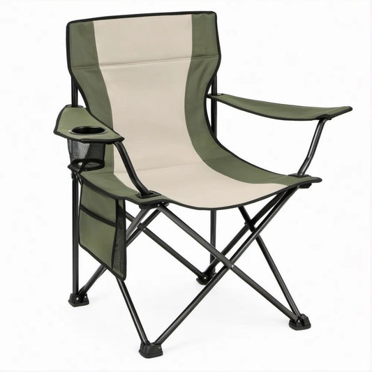 Klappstuhl Olivgrün Beige Schwarz mit Getränkehalter und Netztasche, 85 x 50 x 95 cm