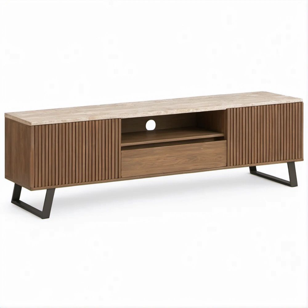 TV-Lowboard aus Walnussholzfurnier, Sinterstein und Stahl, Walnussbraun/Beige/Schwarz, 180 x 40 x 55 cm
