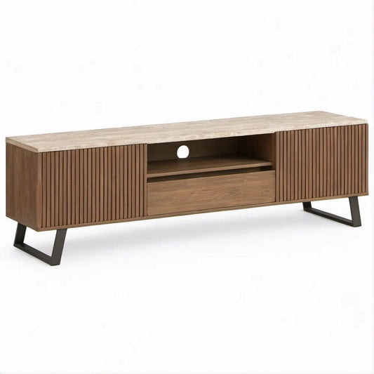 TV-Lowboard aus Walnussholzfurnier, Sinterstein und Stahl, Walnussbraun/Beige/Schwarz, 180 x 40 x 55 cm