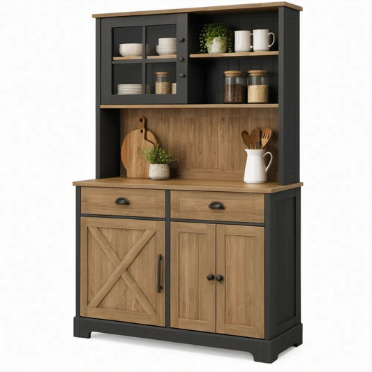 Zweiteiliger Buffetschrank mit Vitrine, Schwarz/Natur, 120 x 45 x 200 cm