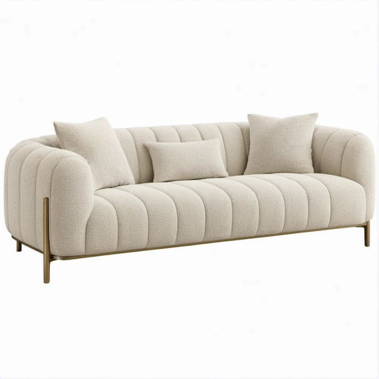 3-Sitzer-Sofa aus Creme-Bouclé, 230 x 90 x 75 cm, mit goldfarbenen Stahlbeinen