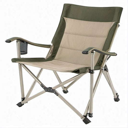 Klappbarer Campingstuhl mit Armlehnen und Netztasche Olivgrün/Beige, 60 x 80 x 110 cm