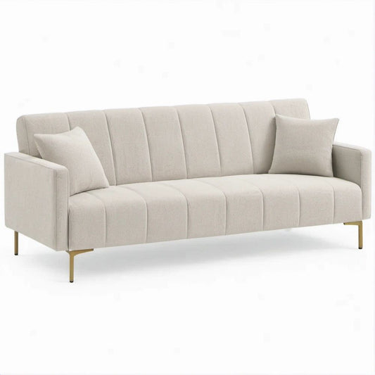 3-Sitzer Sofa in Creme mit goldfarbenen Füssen, 210 x 86 x 84 cm, 2 Kissen