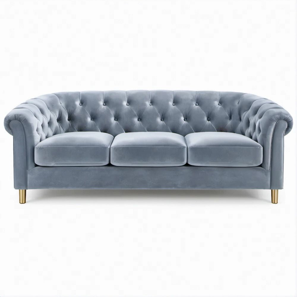 Chesterfield 3-Sitzer in Grau mit goldfarbenen Füssen, 210 × 90 × 75 cm