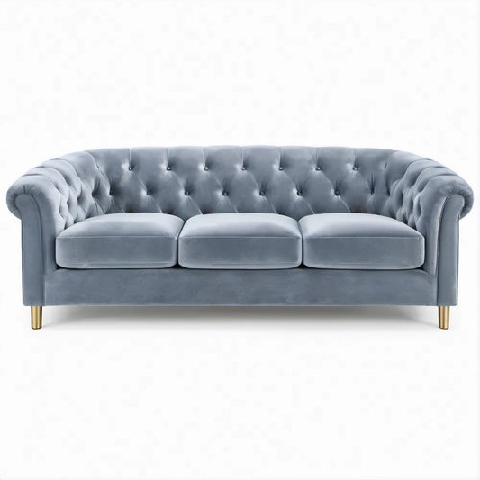 Chesterfield 3-Sitzer in Grau mit goldfarbenen Füssen, 210 × 90 × 75 cm