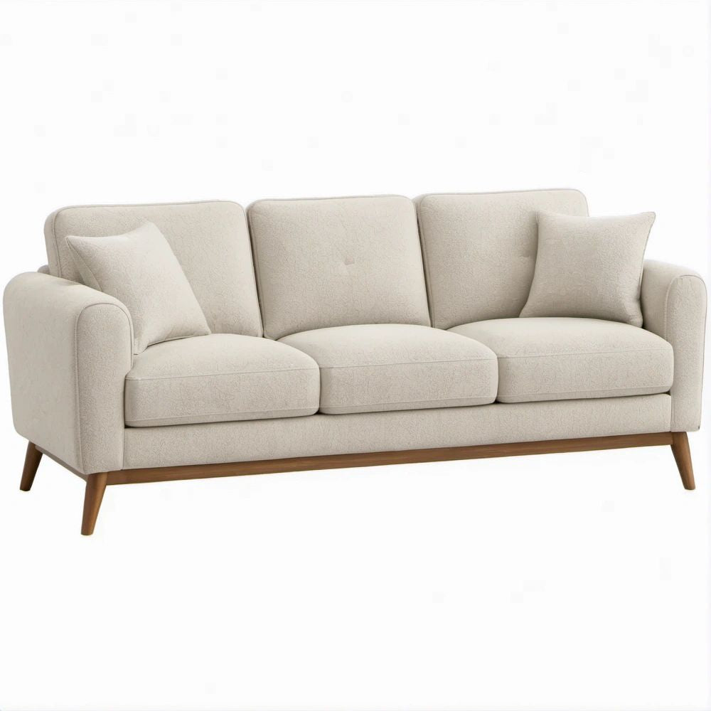 3-Sitzer Sofa in Creme mit Naturbraunen Massivholzfüssen, 210 x 88 x 86 cm