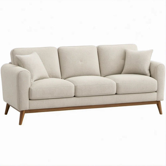 3-Sitzer Sofa in Creme mit Naturbraunen Massivholzfüssen, 210 x 88 x 86 cm