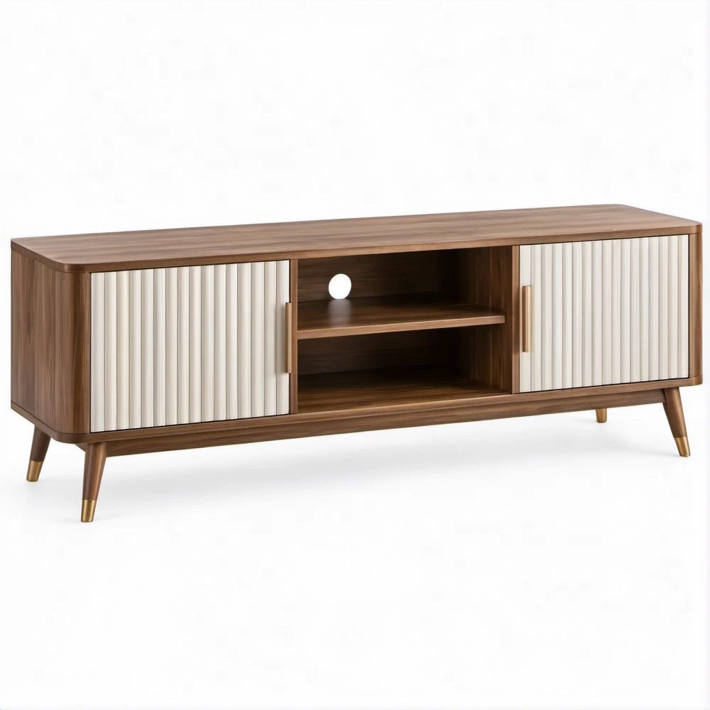 TV-Lowboard in Nussbraun und Creme, MDF mit Walnussdekor, 160 x 40 x 60 cm