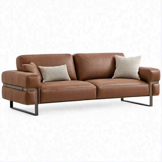 2-Sitzer-Sofa aus cognacbraunem PU-Kunstleder mit schwarzem Stahlgestell, 190 x 88 x 85 cm