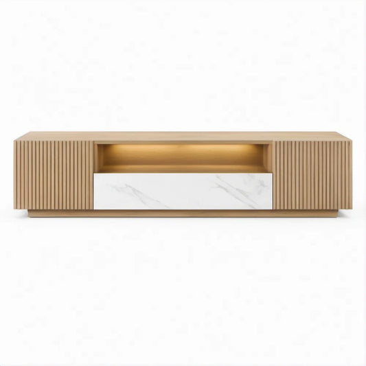 TV-Lowboard aus Natur-Eiche mit weisser Marmoroptik, 180 x 40 x 45 cm