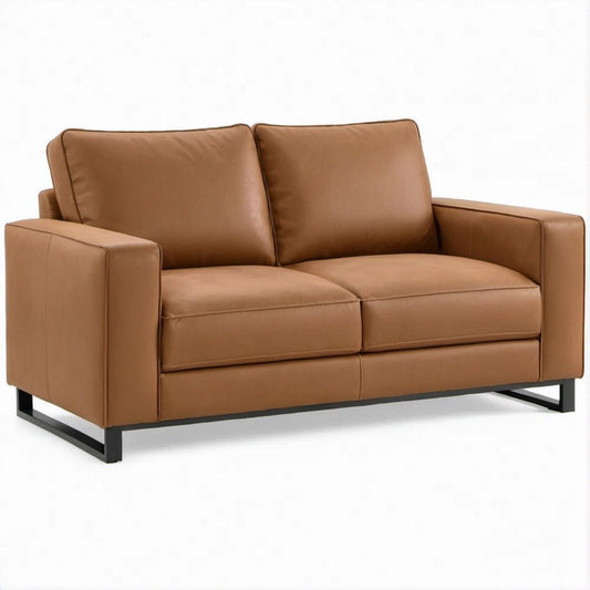 2-Sitzer-Sofa aus cognacbraunem PU-Kunstleder mit schwarzem Stahlgestell, 152 x 86 x 85 cm